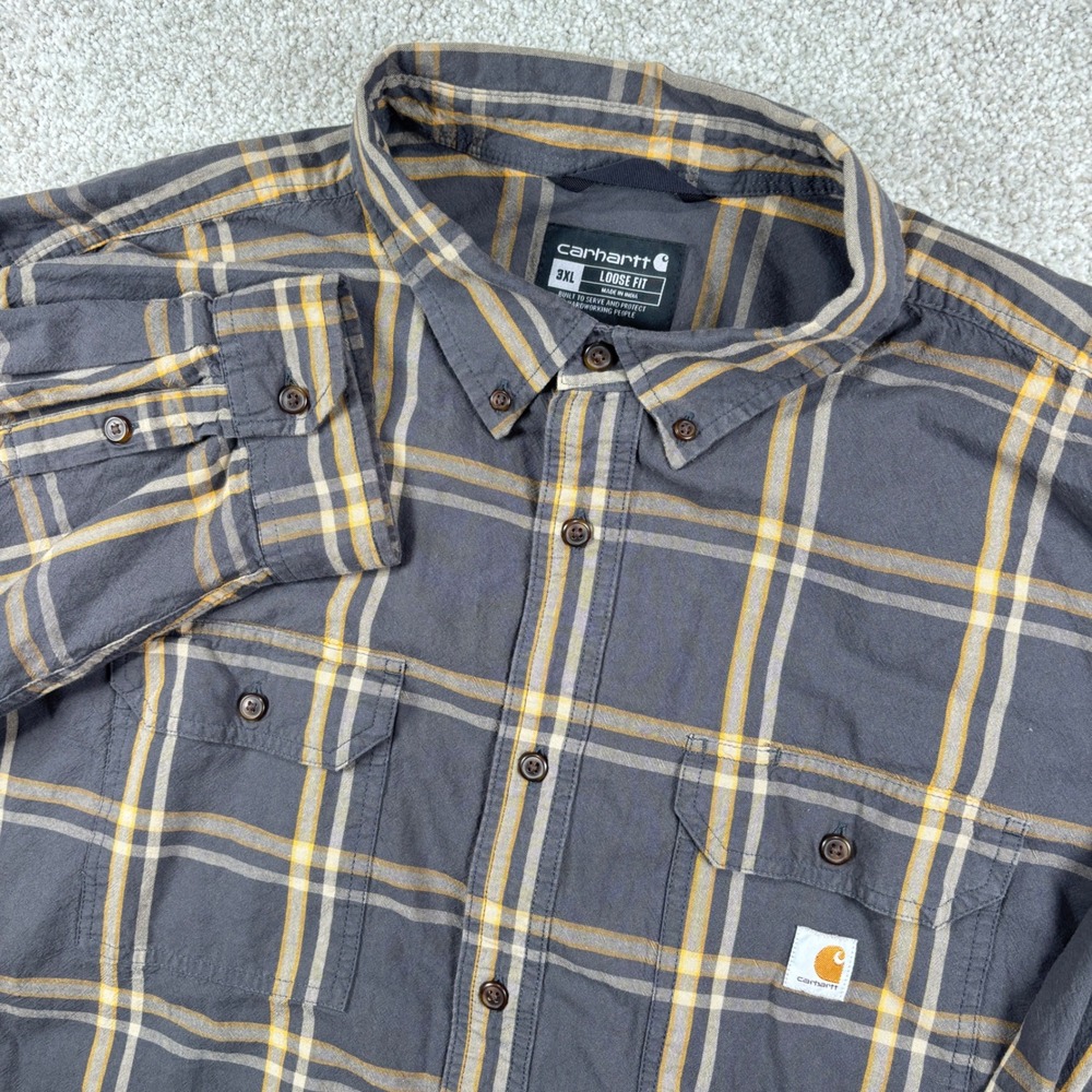 Carhartt Button Down Shirt Mens 3XL Gray Yellow Plaid Loose Fit Long Sleeve